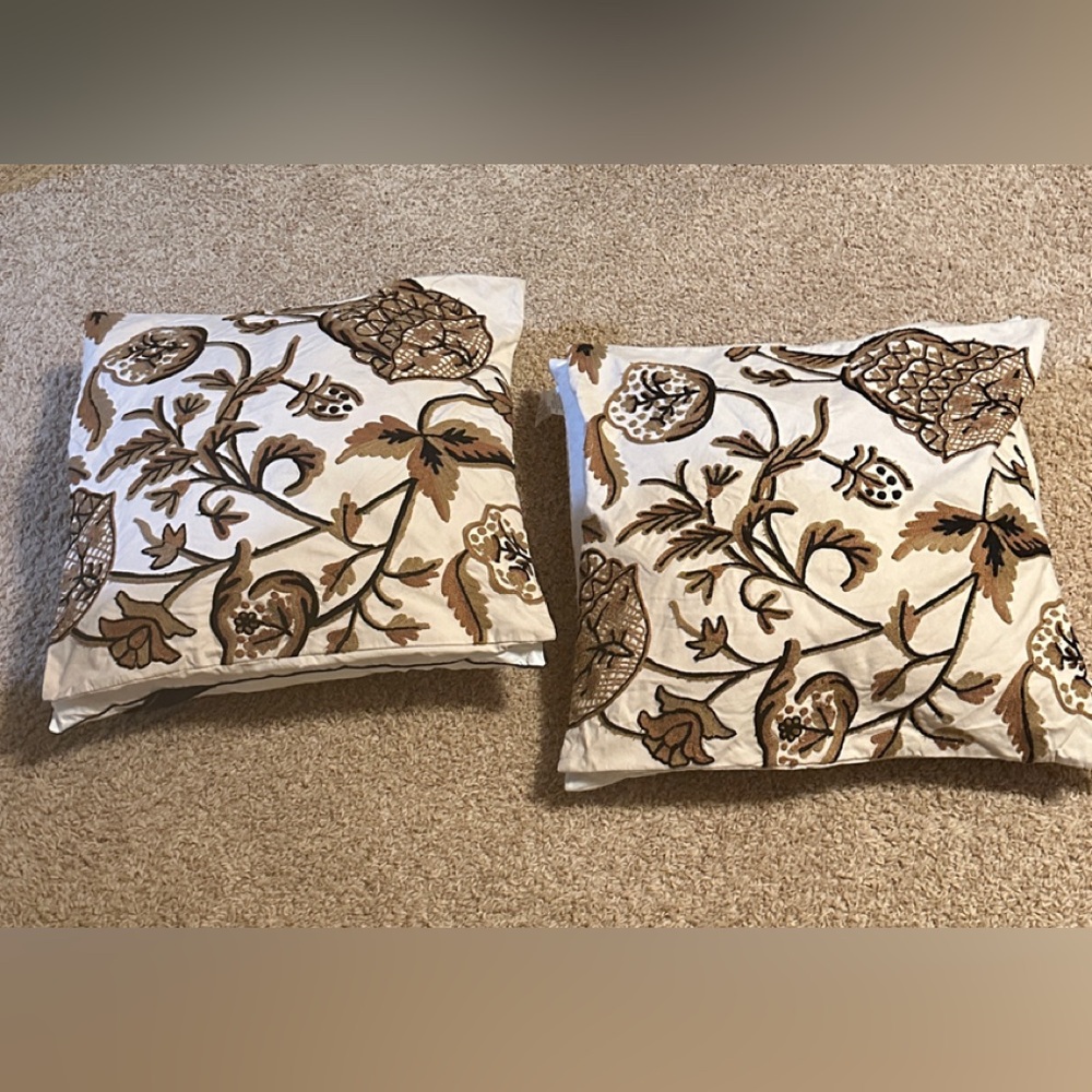 Pottery Barn Floral Accent Pillows - Brown and Cream 24” Euro set of 2